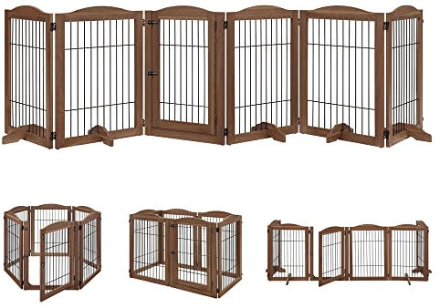 unipaws Extra breites Hundegitter für den Innenbereich, 6 Paneele, freistehendes Haustiergitter mit 5 Stützfüßen, zusammenklappbare Treppenbarriere aus Holz (passend für 203 cm - 330 cm, Walnuss)