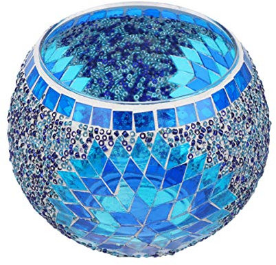FRCOLOR Portavelas de Cristal de Mosaico para Té Portavelas de Cristal Romántico Portavelas de Noche de Té Portavelas para Aromaterapia Decoraciones de Boda Caseras sin Batería Azul