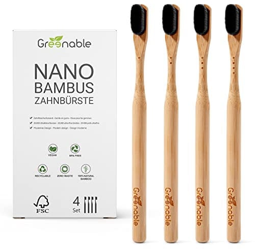 Greenable ® Nano Zahnbürste aus Bambus [4er Set] – 20.000 Extra weiche Borsten – 100% BPA-frei - Bamboo Toothbrush - Vegane & umweltfreundliche Bambus Zahnbürste (Schwarz)