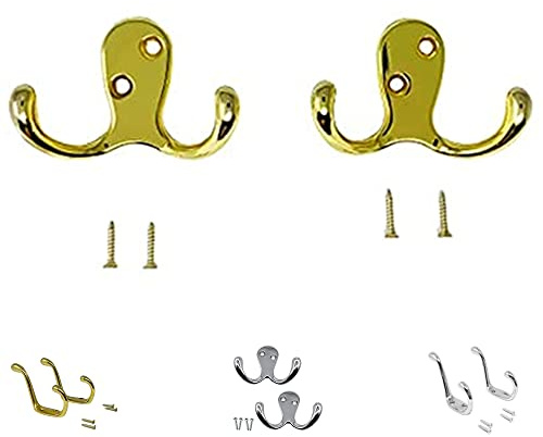 plastific Twin Robe Hooks Wall Mounted Brass Coat & Towel Hangers with Screws for Bathroom Bedroom Kitchen Wardrobe Cupboard (Pack of 2)
