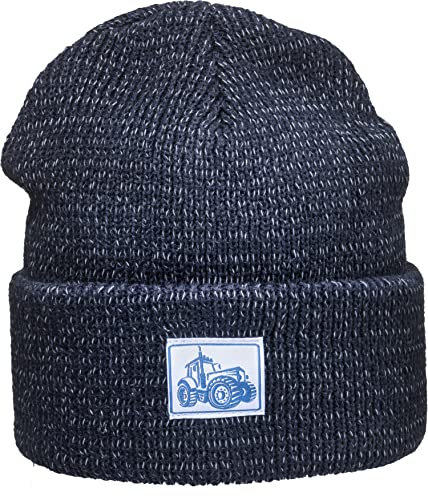 Reflektierende Mütze für Kinder mit Patch: Traktor - Trecker Bauernhof Bagger LKW - Wintermütze Beanie Geschenk für Jungen & Mädchen Reflex Reflektor Sichtbarkeit Sichtbar (Navy)