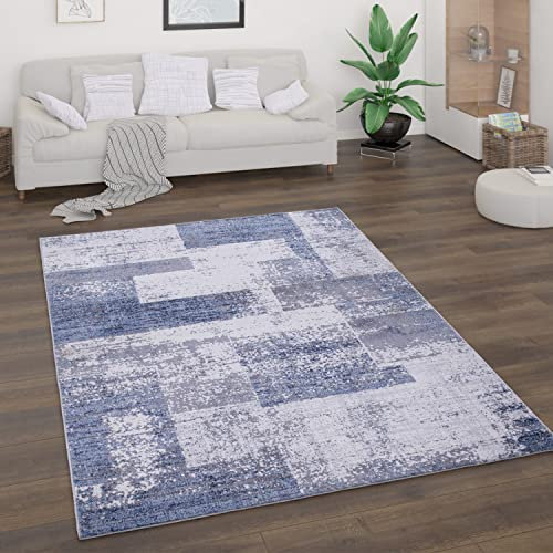 Paco Home Teppich Wohnzimmer Kurzflor Vintage Stil Abstrakt Modernes Geometrisches Rautenmuster Design, Grösse:160x220 cm, Farbe:Blau 2