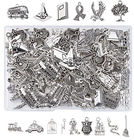 SUPERFINDINGS 150 Stück 15 Stile Tibetischer Stil Legierung Anhänger Antik Silber Magic Charms Metall Film Thema Perlen Anhänger Für Armband Halskette Schmuckherstellung