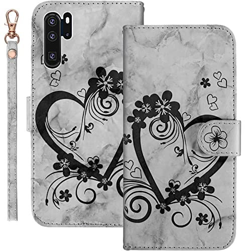 Bartern Handyhülle für Huawei P30 Pro/P30 Pro New Edition Klappbar,Herz(Liebe)+ Blumen Hülle,PU Leder Wallet Schutzhülle Tasche Klapphülle mit Kartenfach Magnetverschluss Standfunktion,Schwarz