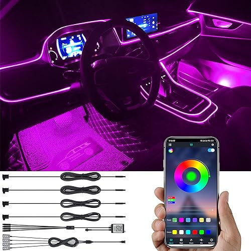 TABEN Auto Umgebungsbeleuchtung Kit 5 m Glasfaser 64 Farben Bluetooth APP-Steuerung USB Auto Fußraum Atmosphärenlicht, DIY 16 Millionen RGB Mehrfarbig Soun Musik Sync Auto Innenbeleuchtung DC 12 V