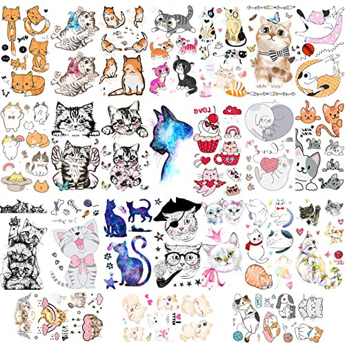Katzen Tattoos für Kinder, Konsait Niedliche Katze Gefälschte Temporäre Tattoos Geburtstag Party Geschenk Wasserdicht Tattoo Jungen Mädchen Katze Geburtstag Party Geschenk Tasche Füller, 24 Blätter