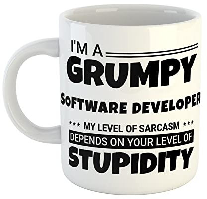 Just The Shirt I'm a Grumpy Software Developer My Level of Sarcasm Depends on Your Level of Stupidity White Ceramic Hand Printed Mug
