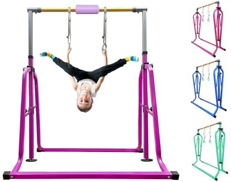 kechery Foldable & Moveable Gymnastics Horizontal Bar with Rings,3’to 5’Adjustable Height Expandable Junior Kip Bar for Home,Indoor Gym Equipment for Kids (Foldable Purple with Rings)