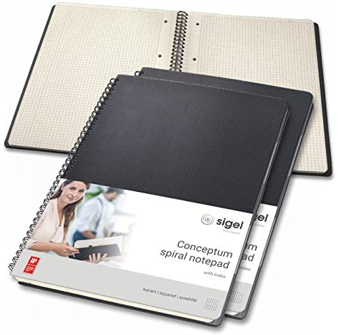 SIGEL CO840/3 Premium Spiralblock A4, kariert, schwarz, 80 Blatt, 3er Pack, sehr stabiler Hardcover-Einband, mit versetzbarem Register, Einsteckfach, aus nachhaltigem Papier, Conceptum