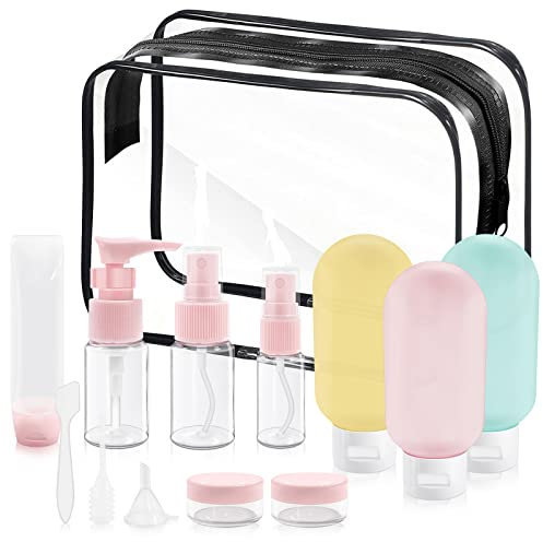 Travel Bottles Set for Toiletries, 14PCS Leakproof Travel Size Container, Refillable Liquid Empty Containers with Bag, Squeezable Makeup Pots with Label for Shampoo, Conditioner, Lotion, Toiletries