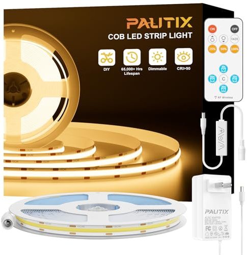 PAUTIX COB LED Strip Light,LED Lights 16.4ft,UL Listed Warm White 2700K Dotless Strip Lights,CRI93+ Super Bright Dimmable 24V Flexible Tape Light with RF Remote,for Cabinets,Kitchen Office Lighting