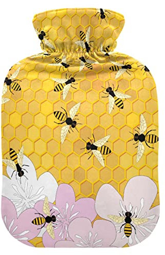Oarencol Bienen Kirschblüte Waben-Wärmflasche Rosa Blume Warmwasserbeutel mit Deckel für Warm- und Kaltkompresse, 1 Liter