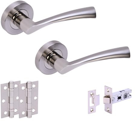 HANDLEZONE® Lobo Internal Door Handle Latch Pack, Complete with Lever On Rose Handles, 76mm Latch, 75mm Ball Bearing Hinges - Dual Finish Polished/Satin Nickel
