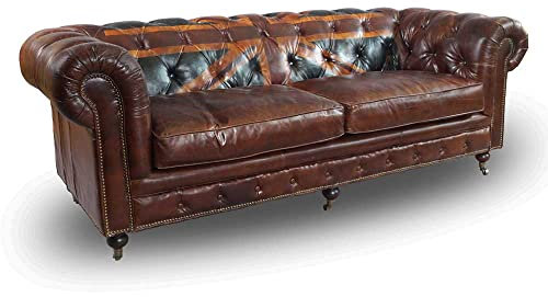 Chesterfield Union Jack - 3-Sitzer Sofa - Leder Vintage Cigar (Dunkelbraun) Echtleder Sofa Couch