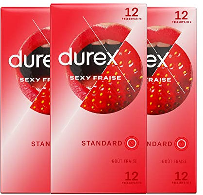 Durex - Lot de 36 Préservatifs Sexy Fraise - Extra Lubrifié Saveur Fraise