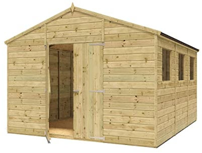 Project Timber 12 x 10 Pressure Treated Modular Hobbyist Tall Apex Wooden Garden Shed - Featuring Tongue & Groove Shiplap Cladding, Windowed Design, and Double Door Access