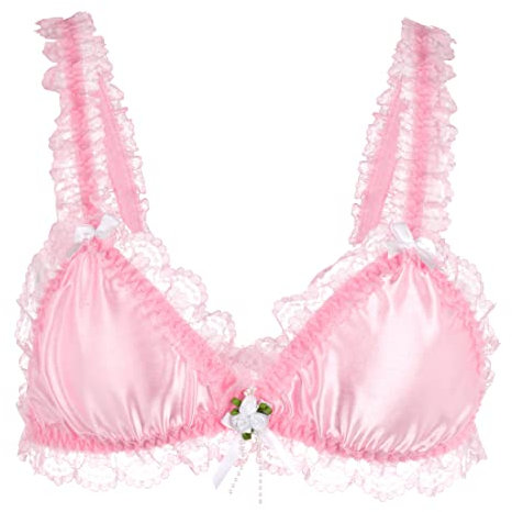 Satini efféminé Froufrou Dentelle Ajusté Satin Bralette Soutien-Gorge (Rose Clair, L)