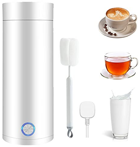 Hervidor Agua Electrico,400ml Pequeño Hervidor de Agua Portátil, 3 en 1 Hervidor de Agua Pequeño y Mini Termo,Apagado Automático,Hervidor de Viaje para Hacer Leche, Café y Té (Blanco)