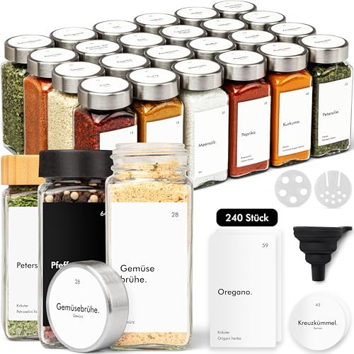 KIVY Gewürzgläser Eckig mit Streueinsatz [24x120ML] - Gewürzstreuer Glas mit Etiketten - Gewürzdosen Set - Gewürzbehälter - Gewürzgläser Set - Gewürz Aufbewahrung - Gläser für Gewürze (Edelstahl)