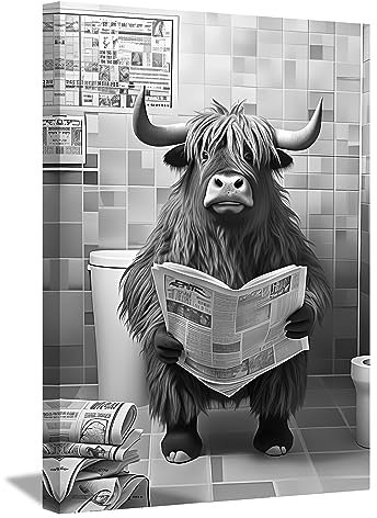 LZIMU Lustiges Badezimmerbild auf Leinwand Hochlandkuh sitzt auf der Toilette und liest Zeitung Leinwandbild Schwarz Weiß Tiere Poster Wanddekoration Gerahmt(1, 40x60cm)