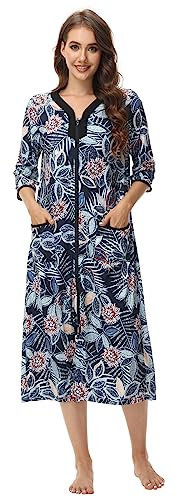 Verve Jelly Women Zipper Robe 3/4 Sleeves Loungewear Full Length with Pockets Floral Housecoat Long Soft Bathrobe Floral 1 XXL
