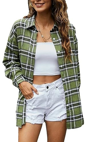 Zontroldy Chemise à carreaux en flanelle pour femme - Manches longues - Boutonnée - Chemisier à carreaux de buffle, Vert olive, L