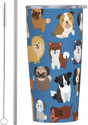 Perinsto Cute Dogs 20oz Travel Tumbler With Lid And Straw, Puppy Animal Blue Stainless Steel Tumblers Insulated Coffee Cup Mug Gift For Men Women