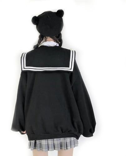 WEITING Navy collar sweatshirt female student Japanese sailor uniform jk uniform cute puff sleeve jacket top college style-black-XXL