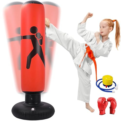 Oziral Boxsack Kinder, Aufblasbarer Boxsack,160cm Boxsack Stehend, Standboxsack mit Luftpumpe und Boxhandschuhen für Karate Kickboxen, Trainingsausrüstung, Geschenk (rot und Schwarz)