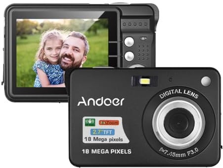 Andoer 18MP Digital Camera, 2.7 Inch LCD Compact Digital Camera with 2 Batteries, 8X Digital Zoom Anti-Shake Photo Camera for Beginner Adults Children Teens, Black