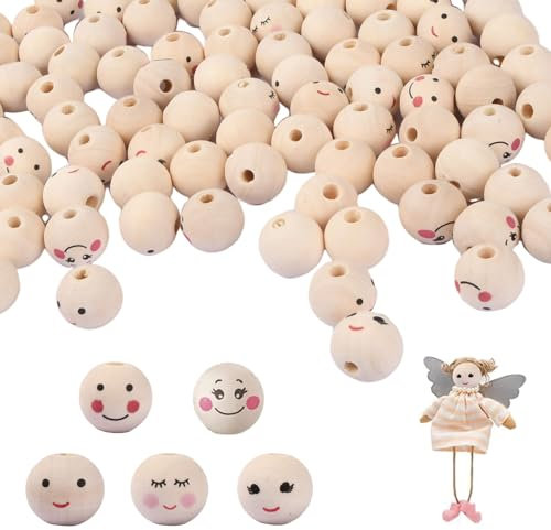 Nivofu 100 Pièces Perles en bois avec visage,20mm Perle en Bois Naturel,5 Styles Boule en Bois Percée,Perles Rondes De Bois Avec Visage Souriant,Pour DIY,Porte-clés,Ange,Artisanat Et Bijoux
