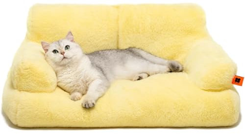 MEWOOFUN groß Katzenbett kleines Hundesofa Flauschig und waschbar Katzensofa Hundebett für Katzen, weich Katzenbett katzencouch mit Rutschfester Unterseite, Gelb 66x48cm