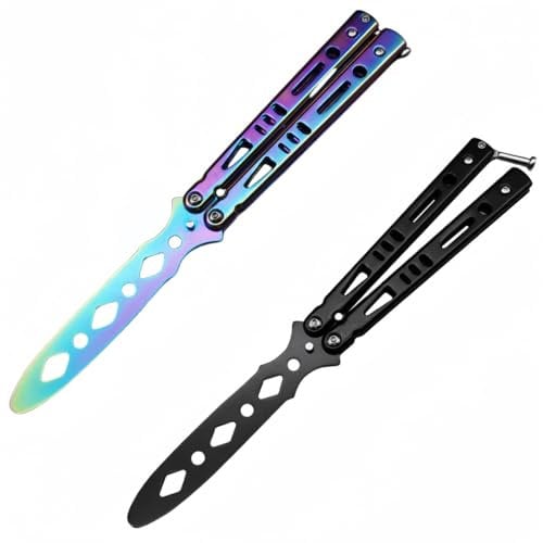 Lajiakoy® Butterfly Trainer 2 PCS, Butterfly Messer, Trainingsmesser Unbekannte Klinge, Stainless Steel Butterfly Kamm Practice Tool for Practicing Flipping Tricks(Schwarz, Bunt) (2 Stücke)