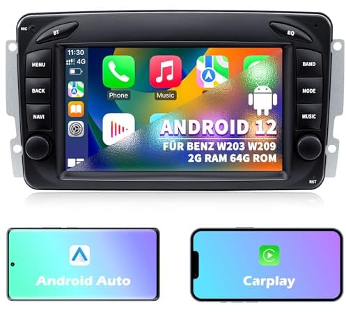 Autoradio für Mercedes Benz C-Klasse W203 G-Klasse W463 CLK W209, Android 12 2G+64G mit Carplay Android Auto, 7 Zoll IPS Touchscreen GPS Navi Bluetooth Mirror Link WiFi FM Radio
