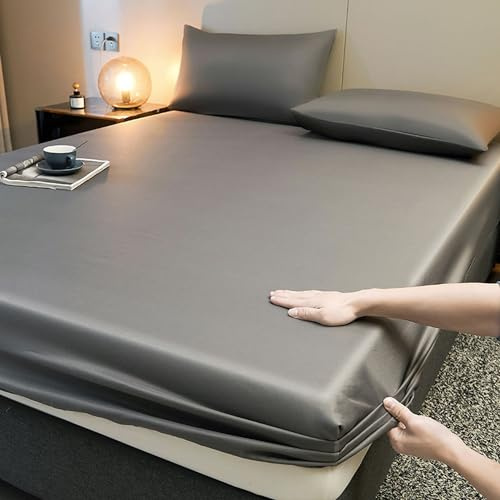 LDLCYCN Matratzenschoner Queen Kühlendes Spannbetttuch Kühle Seide Doppelseitiger Matratzenbezug Bequemer Baumwollstoff Tiefe Tasche Für 25 cm,Grau,90 * 200cm