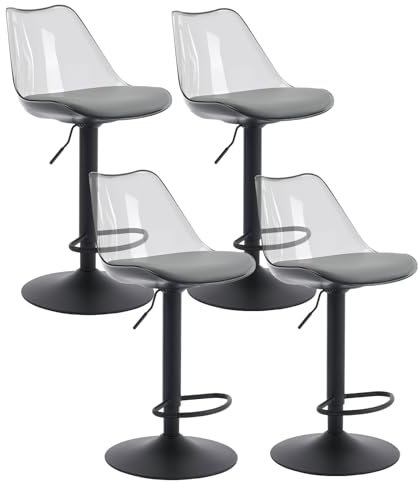 Sepnine Barhocker 4er Set,Barstuhl gepolstert mit Fußstütze,Barstühle mit transparenter Rückenlehne,Zeitgenössisch Drehstuhl 360°,Tresenhocker höhenverstellbar für Esszimmer & Bar9 (Grau/Schwarz)