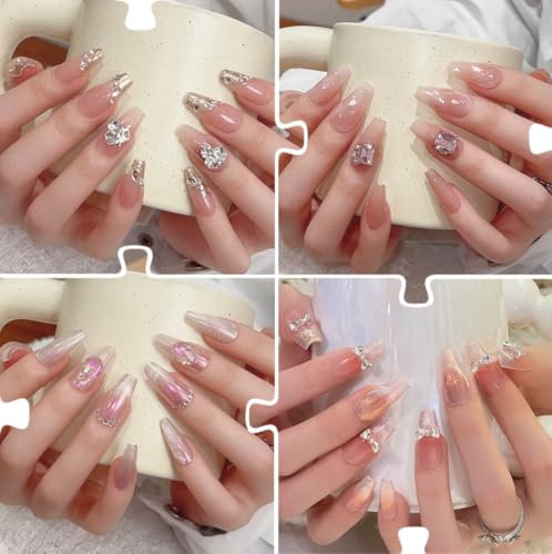 100PCS Randomised set of 10 Different Pure Handmade Nails Press on Nail Reusable Fake Nails designs Stick on Nails French Tip False Nails (M, Random non-repeatable 10 Sets)
