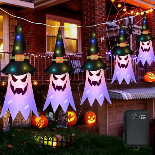 Decorazioni di Halloween,halloween decorazioni,5 Pezzi fantasmi appesi con cappello da strega,Luci LED Halloween Fantasma da Appendere,luci di decorazione per la festa Halloween,decorazioni halloween
