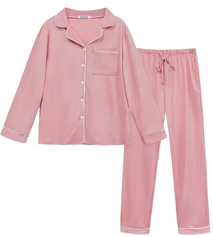 Lovasy Pyjama Femme Coton Ensemble de Pigiama Hiver Chaud Pyjama Deux Pièce Léger à Manches Longues avec Boutons Vêtements de Nuit Casual,A Rose Clair,XXL