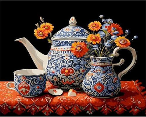 Yoonqun Malen Nach Zahlen Erwachsene,Vintage Teeservice DIY ohne Rahmen Ölgemälde auf Leinwand Erwachsene Kinder Ölgemälde Kit mit Pinseln und Acrylfarbe für Home Décor 30x40cm