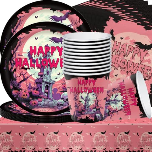 Vajilla de Fiesta de Halloween, Halloween Decoracion Fiesta,Juego de vajilla halloween, decoraciones para fiesta de Halloween, Plato,mantel Servilletas,Vasos,(41PCS 10Personas)