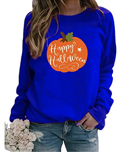 Sweatshirt Women's Übergrössen Halloween Horror Sweater Lauschig mit Gummizug Abend Crewnec Oberteil Frauenkleidern Polyester Kette Longsleeve Blau