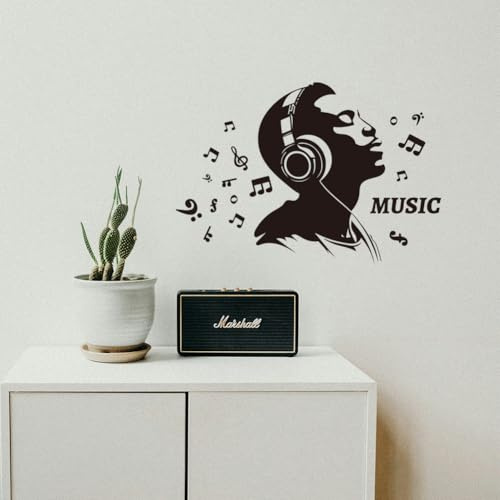 PLIGREAT DJ Musik Notizen Wandtattoos Abnehmbare Vinyl Schwarz Silhouette Kopfhörer Wandaufkleber Musik Thema Wandtattoo für Musikliebhaber Bar Wohnzimmer Schlafzimmer Dekor