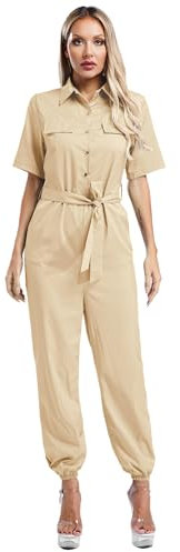 Kvysinly Damen Overalls Kurzarm Jumpsuit Cargo Hose Revers Kragen Vorne Knöpfe Bodysuit Rompers Mit Gürtel Arbeitsoverall Beige S