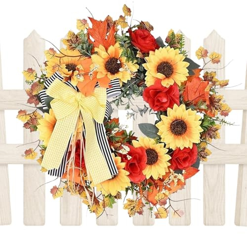 Ghirlanda autunnale per porta d'ingresso, ghirlanda di girasoli del Ringraziamento, ghirlanda autunnale con girasole, decorazione artificiale per il Ringraziamento