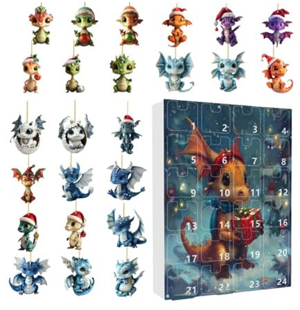Dragon Ornament Adventskalender - 2D Acryl Tier Ornamente | Drachen Adventskalender 2024 Kinder | Acryl Tier Ornamente | Weihnachten Adventskalender 2024 Realistische Ornamente für Erwachsene