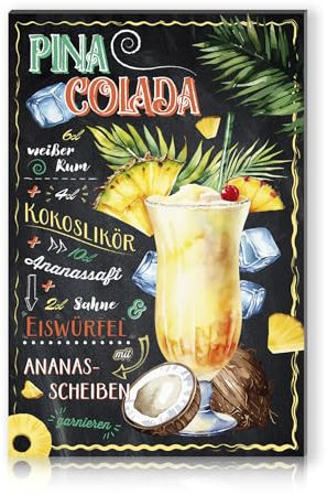 Cartel decorativo de aluminio con recetas de cócteles, 20 x 30 cm, para bar, bar, bar, pub, cocina, cafetería, cumpleaños, regalo, receta RV003 (10 pinas colada)