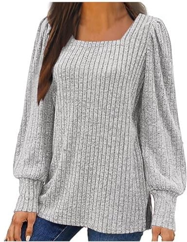 Women's Long Sleeve Tops Jumpers Casual Square Neck Lightweight Knit Jumpers Loose Stripe Sweater Sweateshirts Puff Sleeves Solid Color T-Shirt Tee Top with Split Hem