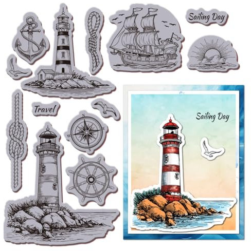 GLOBLELAND See Leuchtturm Stempel Aus Gummi 8.7X7 Anker Und Segelboot EVA Stempel Prägestempel Siegelstempel Aus Gummi Für DIY Scrapbooking Und Kartenherstellung Papierbasteldekor