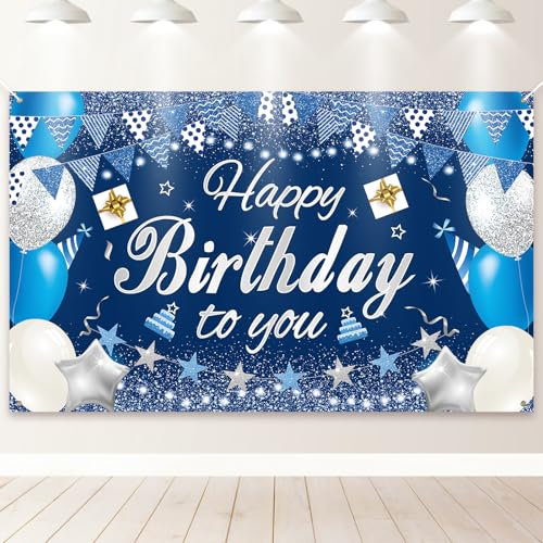 PartyYaa Geburtstag Banner, Happy Birthday Banner Deko, Extra Großes Geburtstag Party Fotoautomaten Hintergrund Dekoration Schild Poster für Männer und Frauen (Blau Silber)